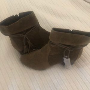 Seattle olive faux suede almond toe tassel wrap around booties